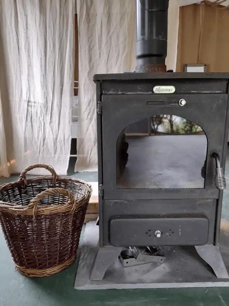 woodburner in safari tent